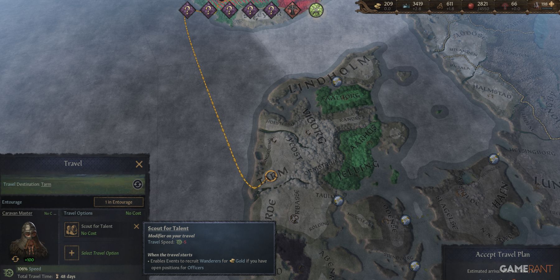 In Crusader Kings 3, travel as Landless Adventurers to scout for talent and find new officers.