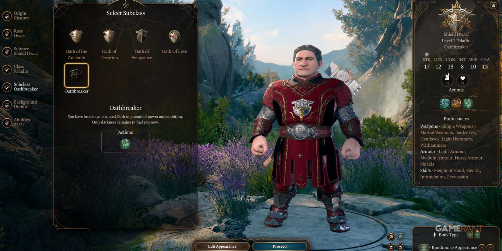 Shield Dwarf Paladin using Oathbreaker subclass mod in Baldur's Gate
