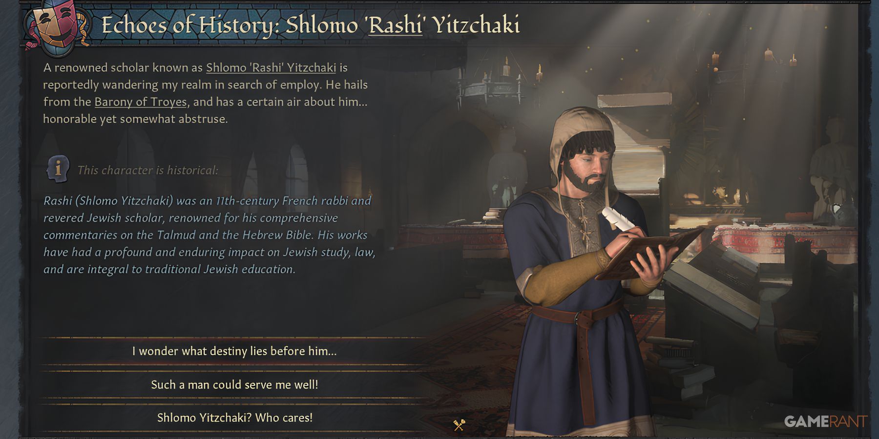 Shlomo Yitzchaki, Jewish scholar, in Echoes of History in Crusader Kings 3