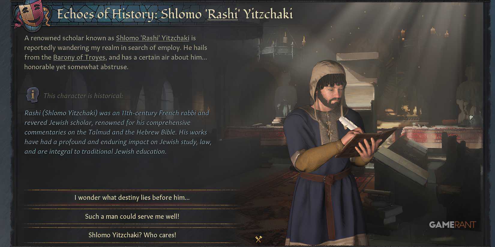 Shlomo Yitzchaki, Jewish scholar, in Echoes of History in Crusader Kings 3