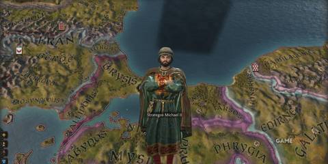 Strategos Michael II in royal robes, ready for strategic conquest as one of the landless adventurers in Crusader Kings 3