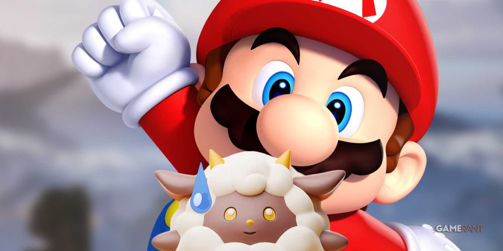 Super Mario lifts his fist behind a lambball friend from Palworld