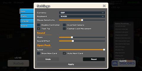 TCG Card Shop Simulator Settings Menu