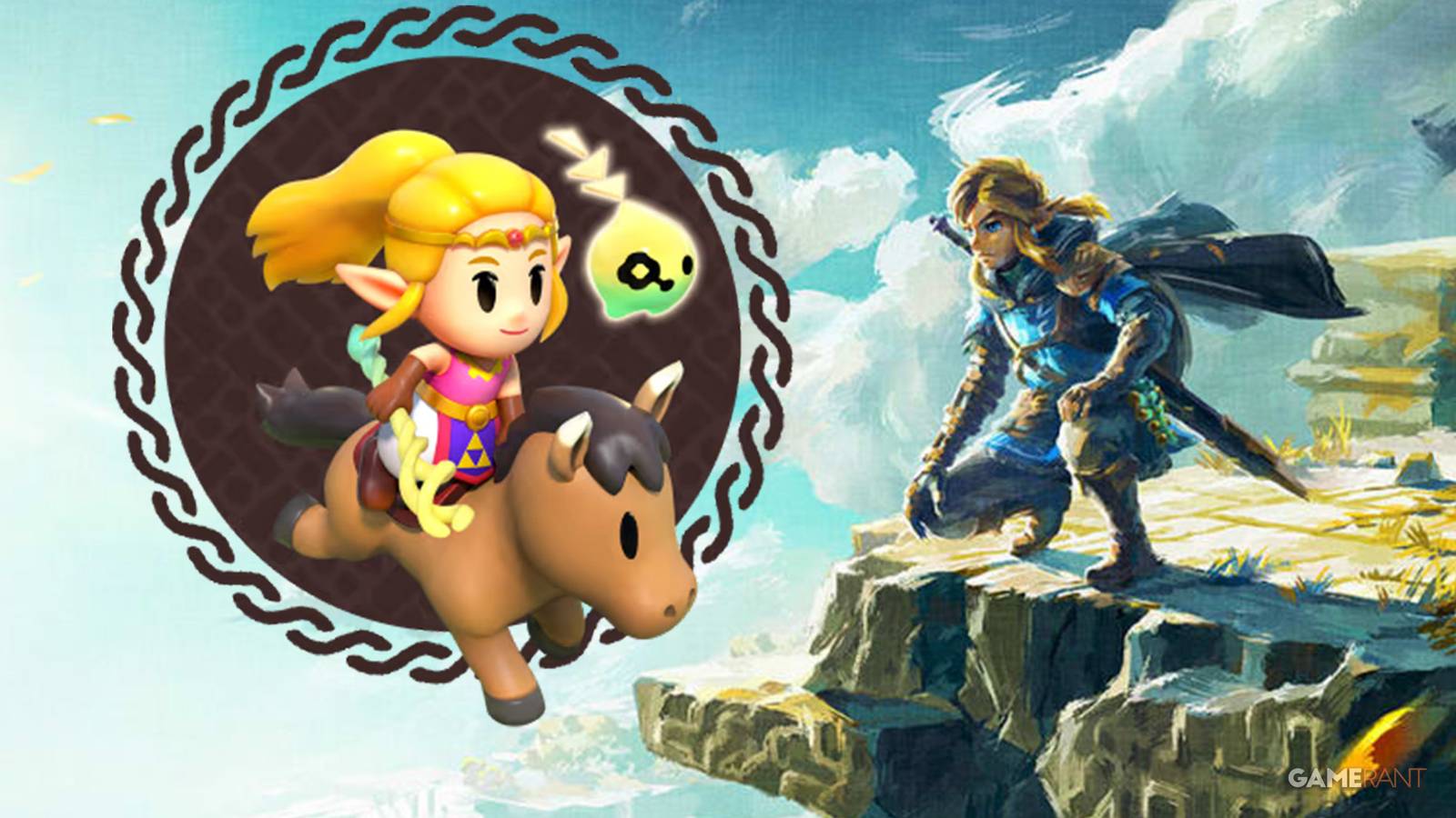 The Legend of Zelda Tears of the Kingdom Link crouching at ledge artwork next to Echoes of Wisdom Zelda riding horse icon emblem