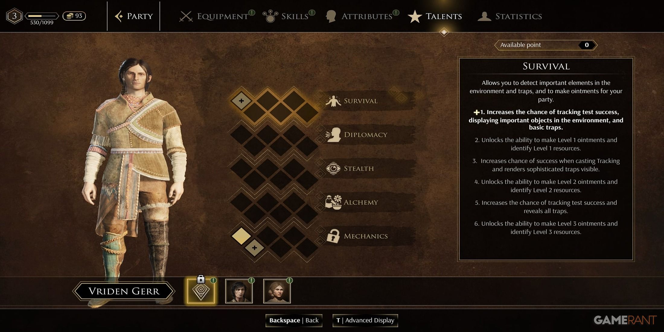 The talent menu in GreedFall 2