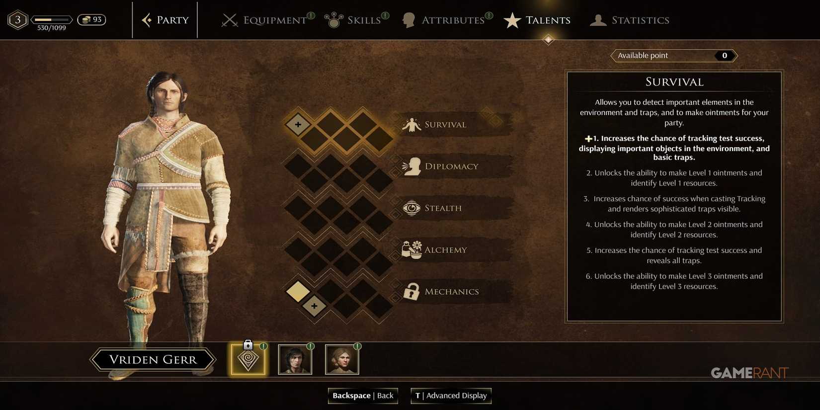 The Talent Menu In GreedFall 2