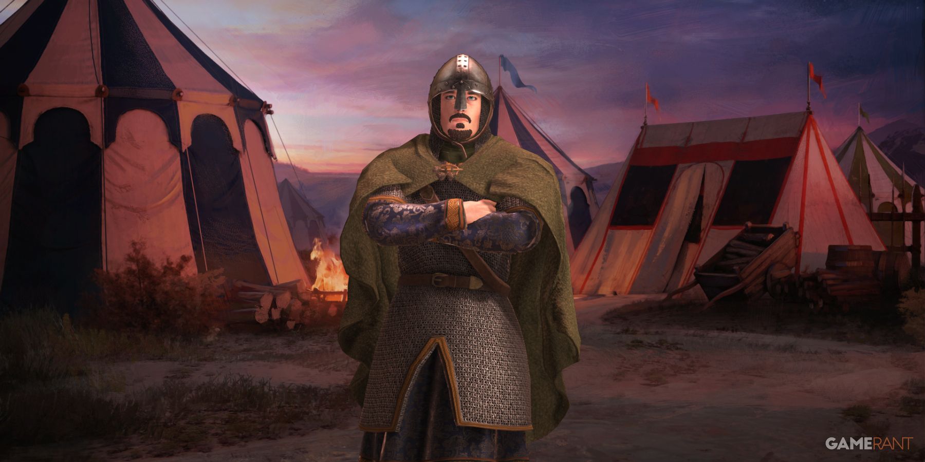 Uhtred in front of tents, symbolizing the leadership of landless adventurers in Crusader Kings 3