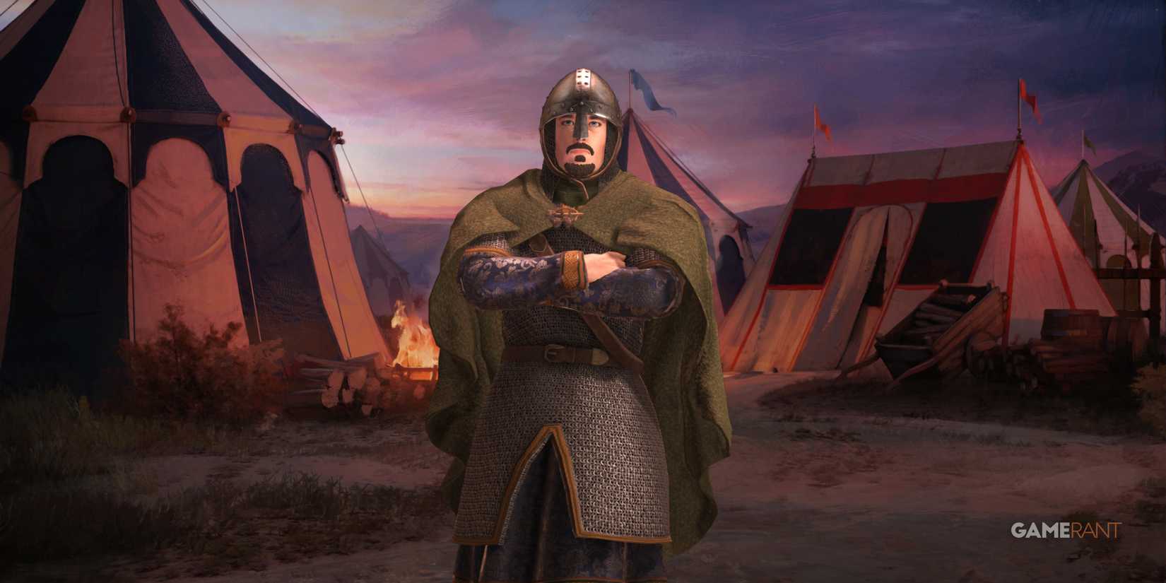 Uhtred in front of tents, symbolizing the leadership of landless adventurers in Crusader Kings 3