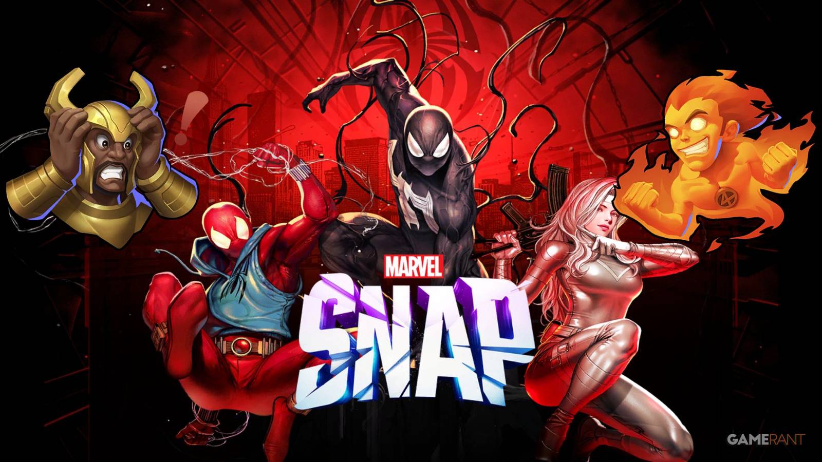 Marvel Snap official art for the Amazing Spider-Man Season, contrasted with emotes of Heimdall and The Human Torch, showcasing the effect that the recent addition of Arana has had on the Move archetype