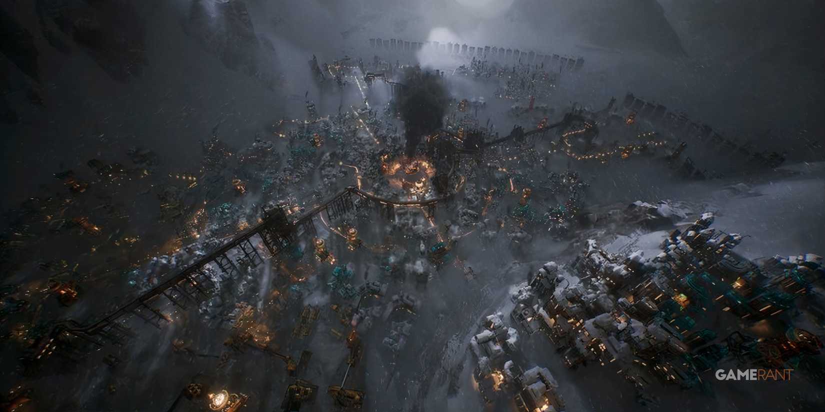 a bird's eye view of New London from Frostpunk 2