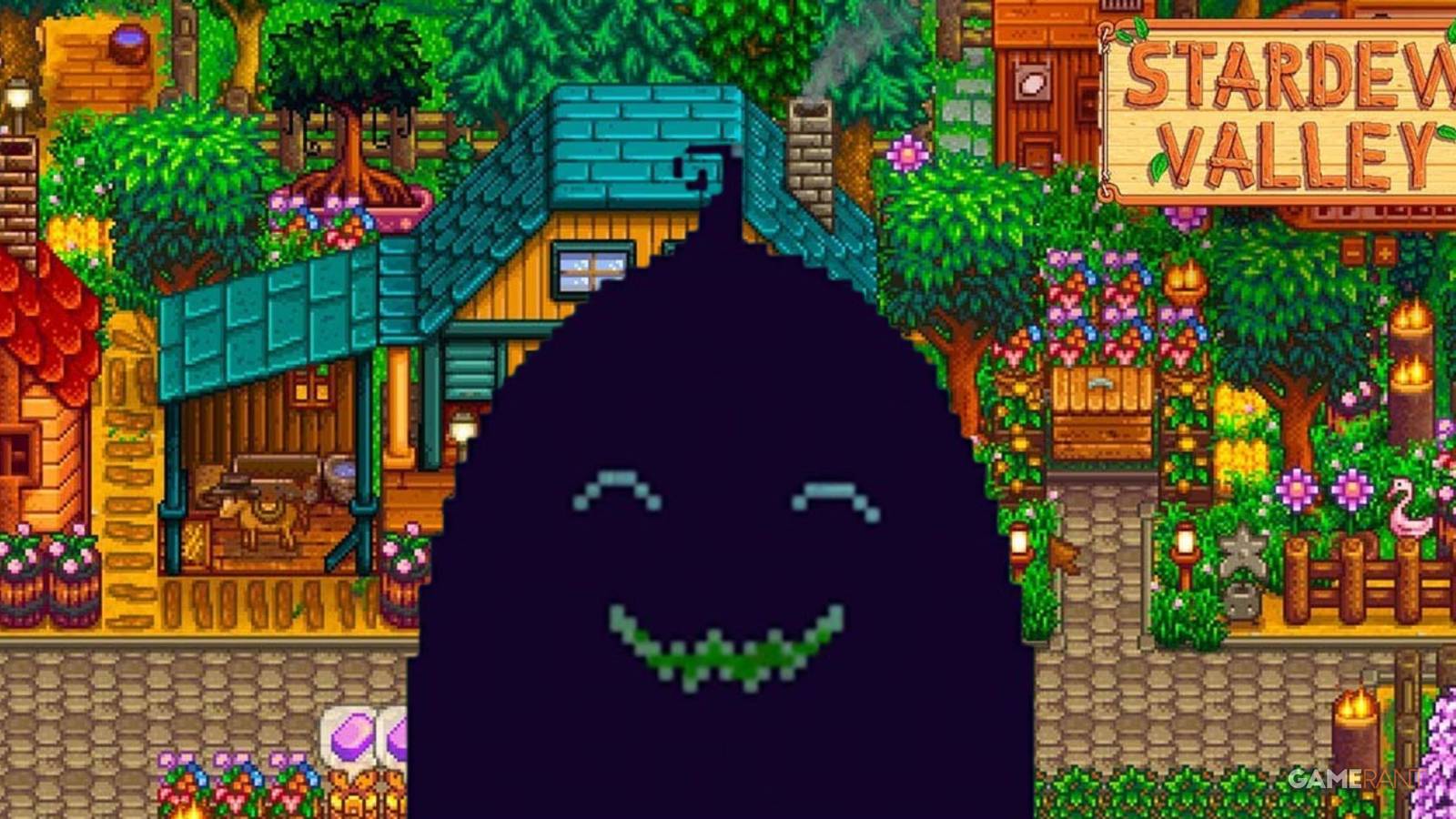 krobus in front of stardew valley's pelican town