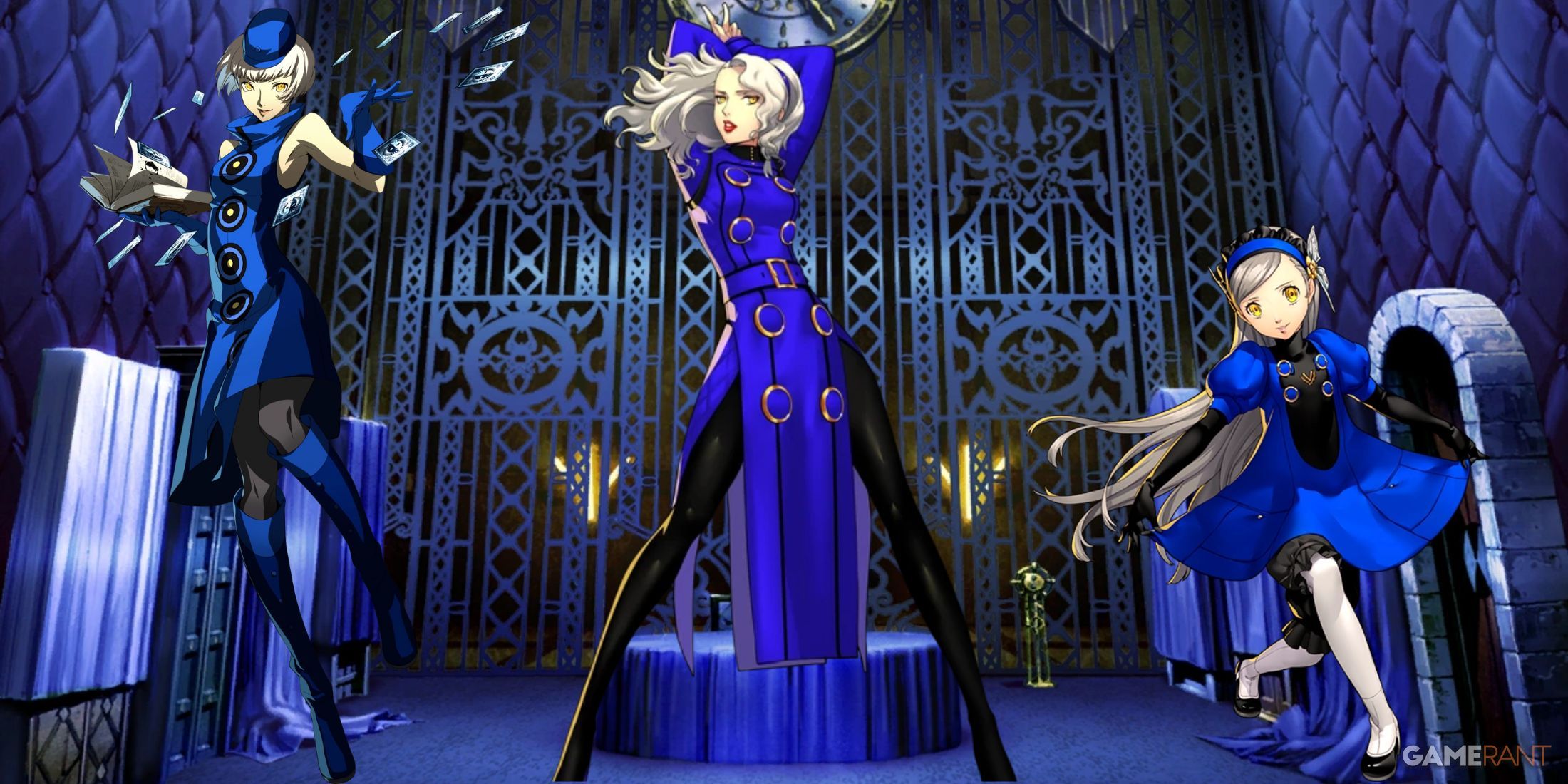 Elizabeth from Persona 3, Margaret from Persona 4, and Lavenza from Persona 5 depicted across a background that is the Velvet Room from Persona 3 Reload