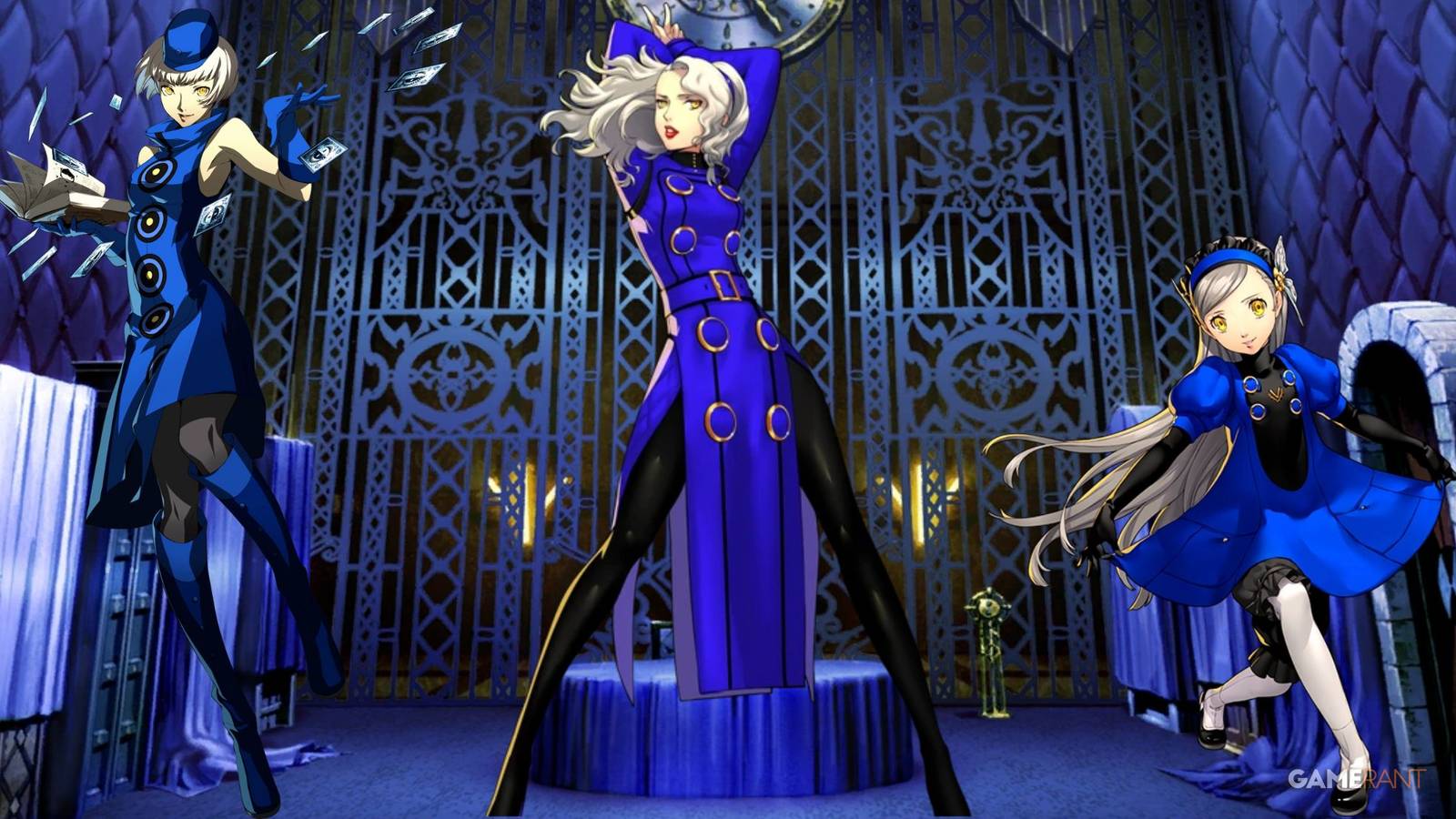 Elizabeth from Persona 3, Margaret from Persona 4, and Lavenza from Persona 5 depicted across a background that is the Velvet Room from Persona 3 Reload