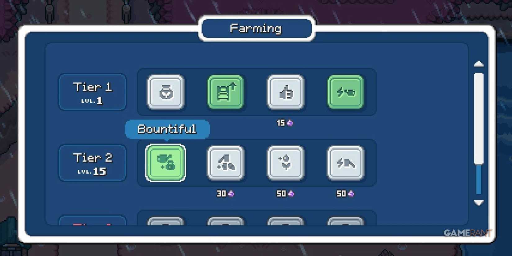 The Farming tree with the Bountiful skill selected in Fields of Mistria