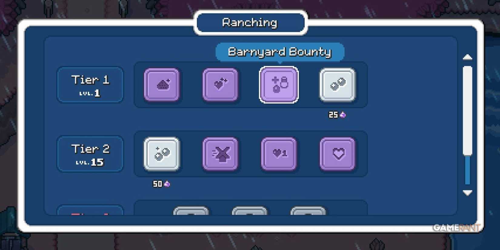 The Ranching tree in Fields of Mistria with the Barnyard Bounty selected 