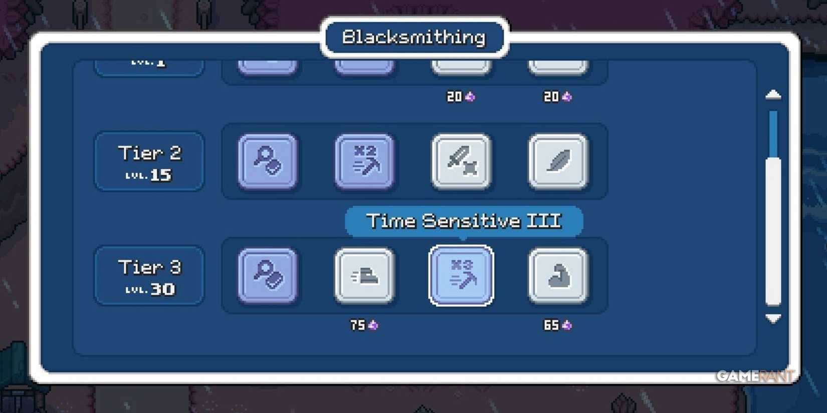 The Blacksmithing tree in Fields of Mistria with the Time Sensitive 3 skill selected