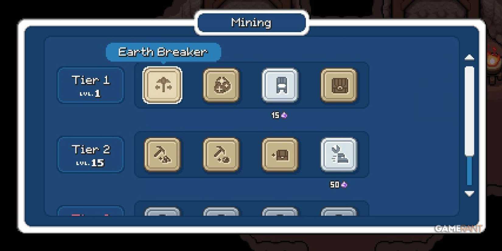 The Mining tree in Fields of Mistria with the Earth breaker skill selected 