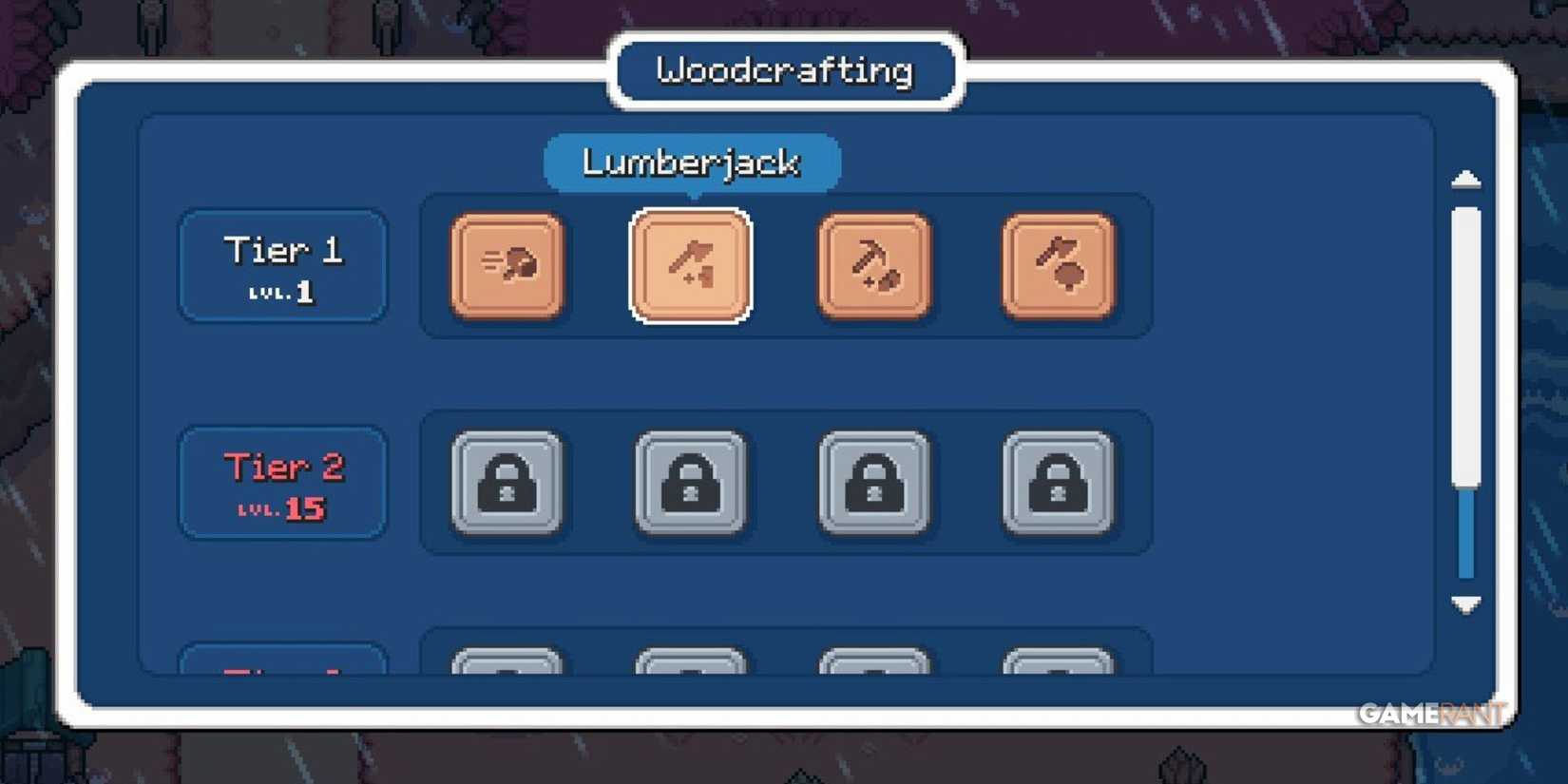 The Woodcrafting tree in Fields of Mistria with the Lumberjack skill selected