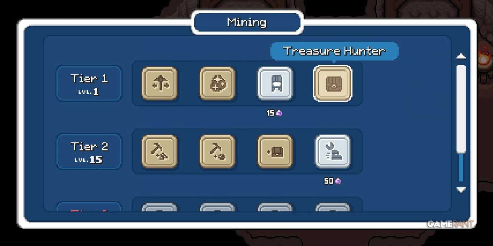 The Mining tree in Fields of Mistria with the Treasure Hunter skill selected