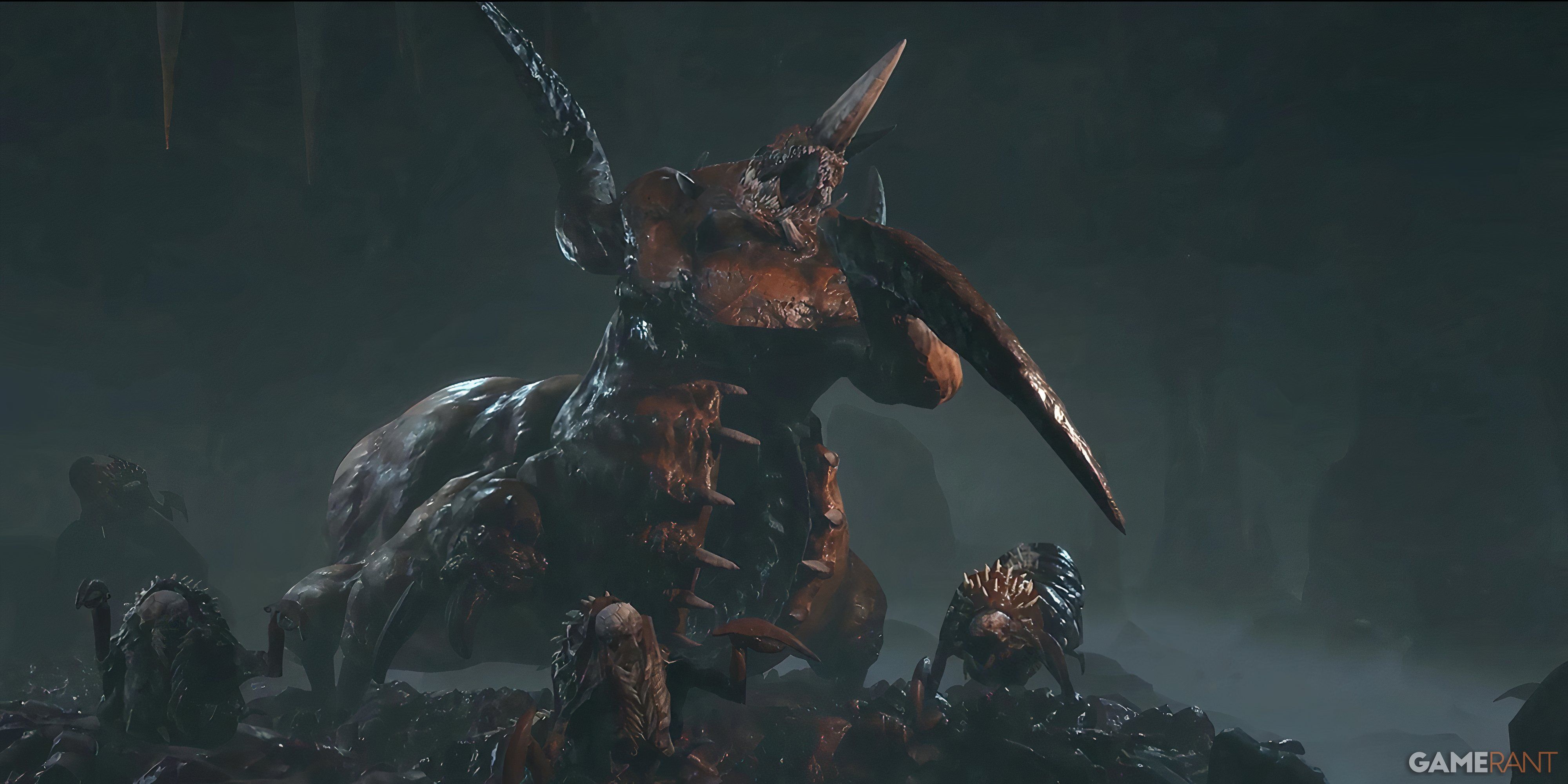 A view of Duriel from Diablo 4, ready to attack, with several maggots at his feet