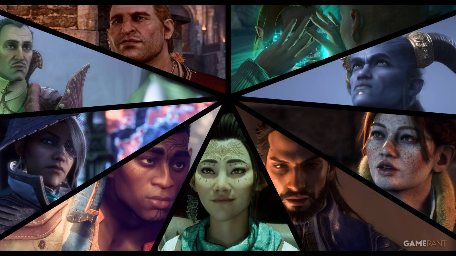 Varric, Solas and the Inquisitor from Inquisition, Emmrich, Neve, Davrin, Bellara, Lucanis, Harding, and Taash from Veilguard