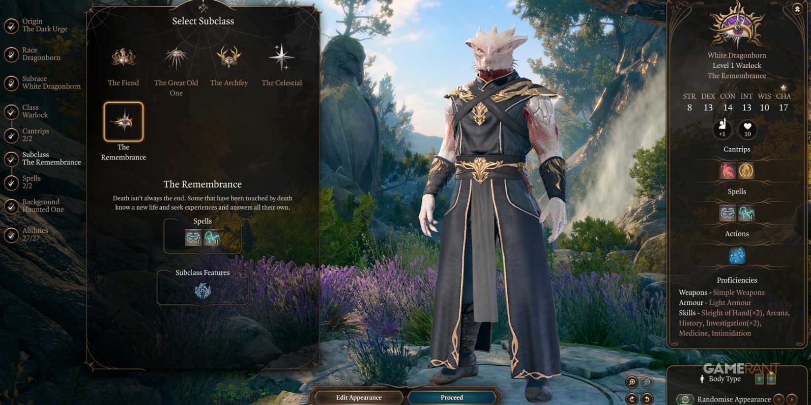 White Dragonborn Warlock using The Remembrance subclass mod in Baldur's Gate 3