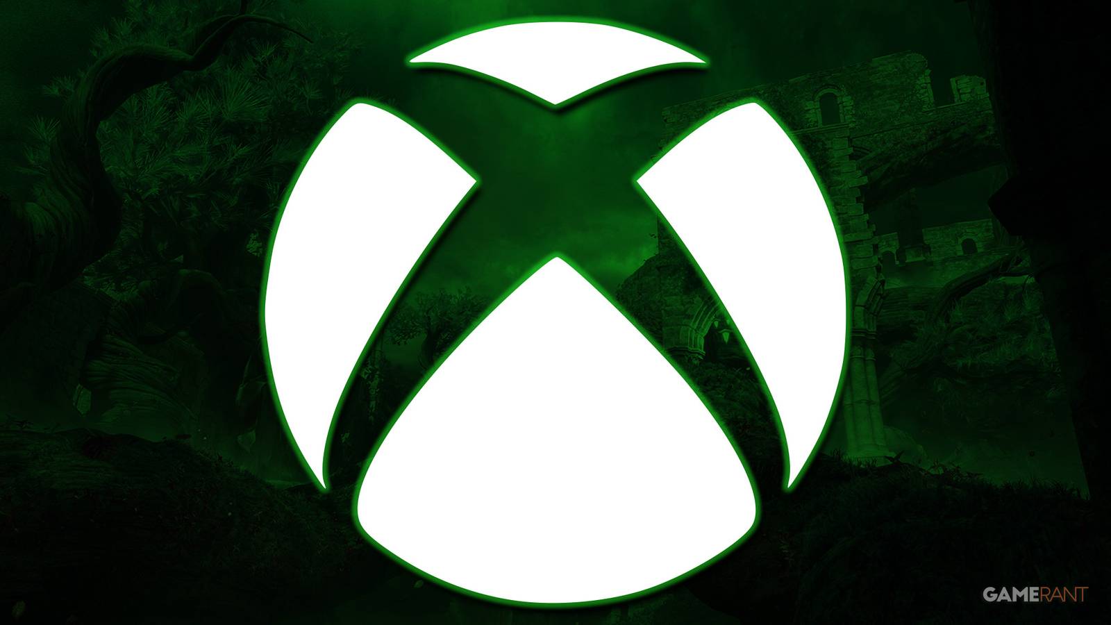 white glowing Xbox logo submark over green-tinted Enotria The Last Song castle ruins environment promo screenshot