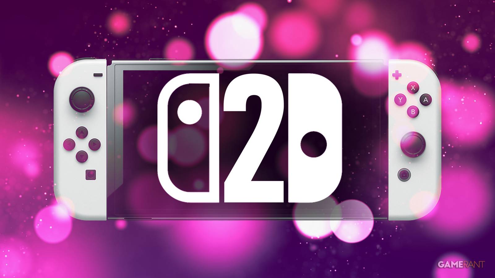 White Nintendo Switch OLED Model displaying Switch 2 logo amid pink bokeh