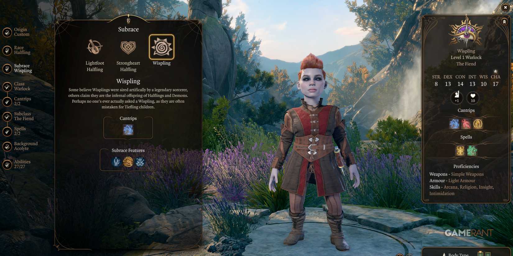 Wispling Warlock, a Halfling with arcane magic, added by Baldur's Gate 3 race mods