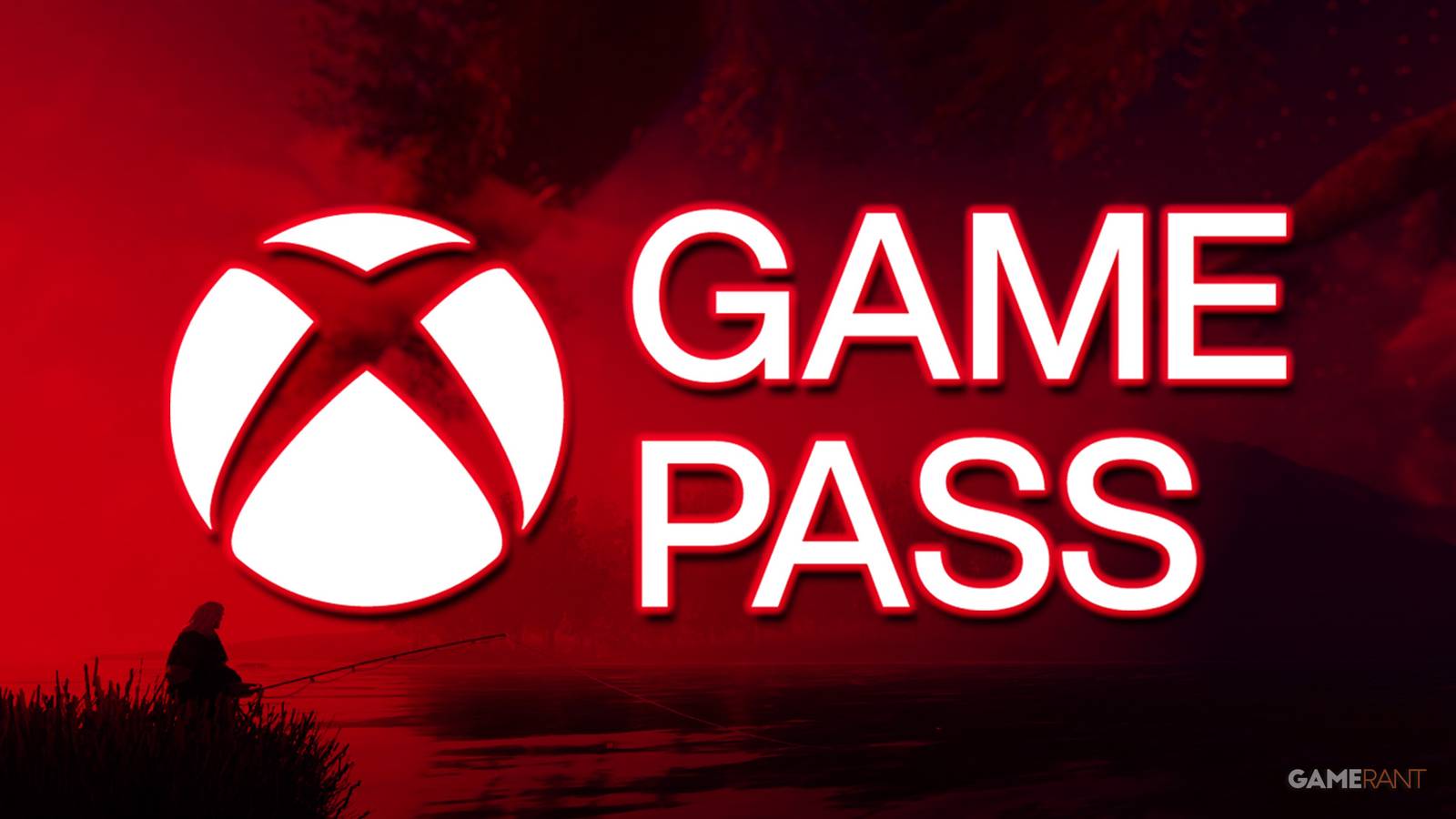 Xbox Game Pass white abridged glowing logo on red-tinted Valheim fishing promo screenshot 2x1 composite
