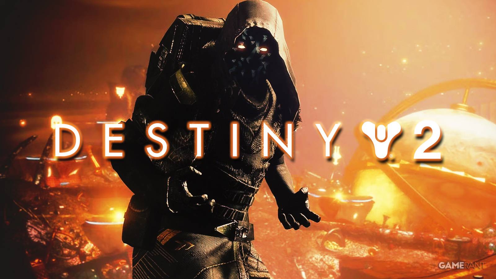Xur behind glowing Destiny 2 logo 2x1 orange composite
