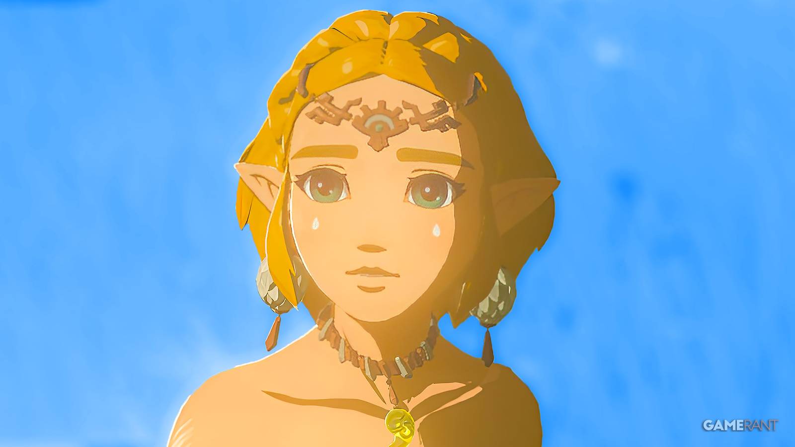 Zelda looking distressed in The Legend of Zelda Tears of the Kingdom TOTK 2x1 composite blue background