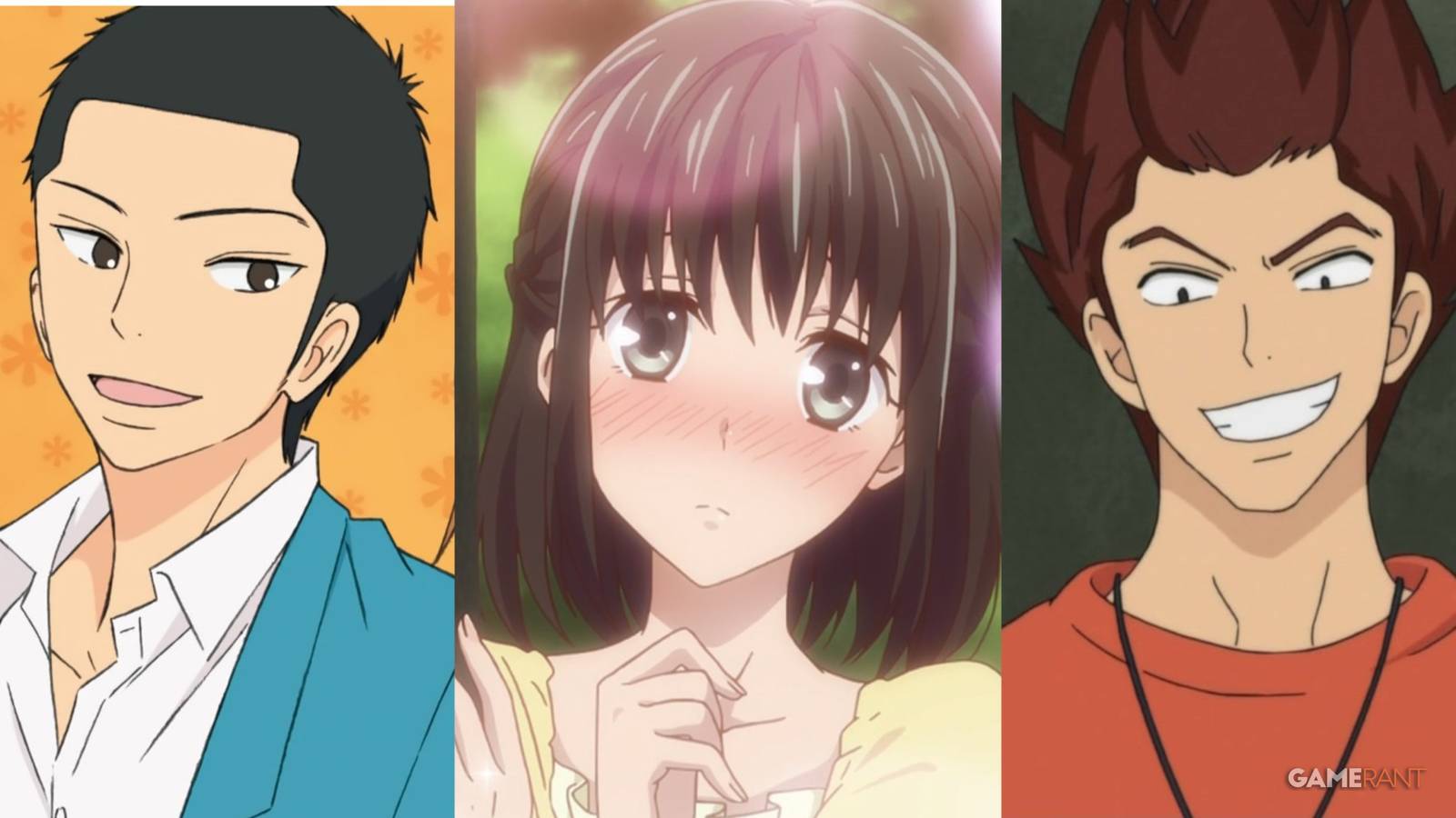 Face of two male anime characters from the Kimi ni Todoke anime series and one female anime character from another romcom. The photos are placed next to one another. 