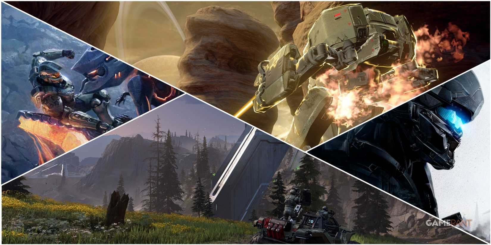 A Collage Of Key Art From Halo 4, Halo 5 Guardians, & Halo Infinite