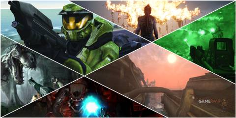 A Collage Of Key Art & key Frames From Halo CE, Hellblade, Morrowind, Call Of Duty 4, & DOOM 3