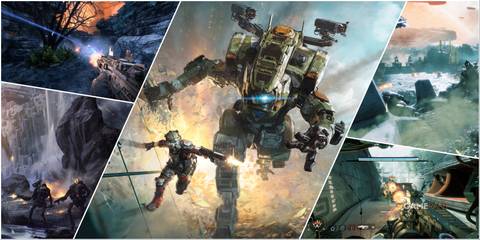 A Collage Of Key Art & Key Frames Showing Enemies Firing At The Protagonist In Titanfall 2