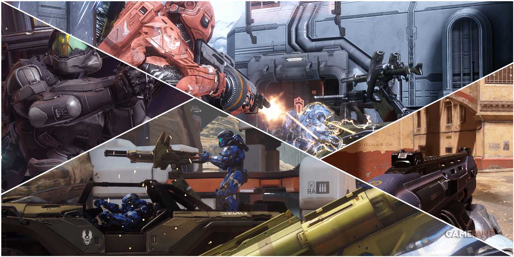 A Collage Of Key Art & Still Frames From Halo 4, Halo 5 Guardians, & Halo Infinite