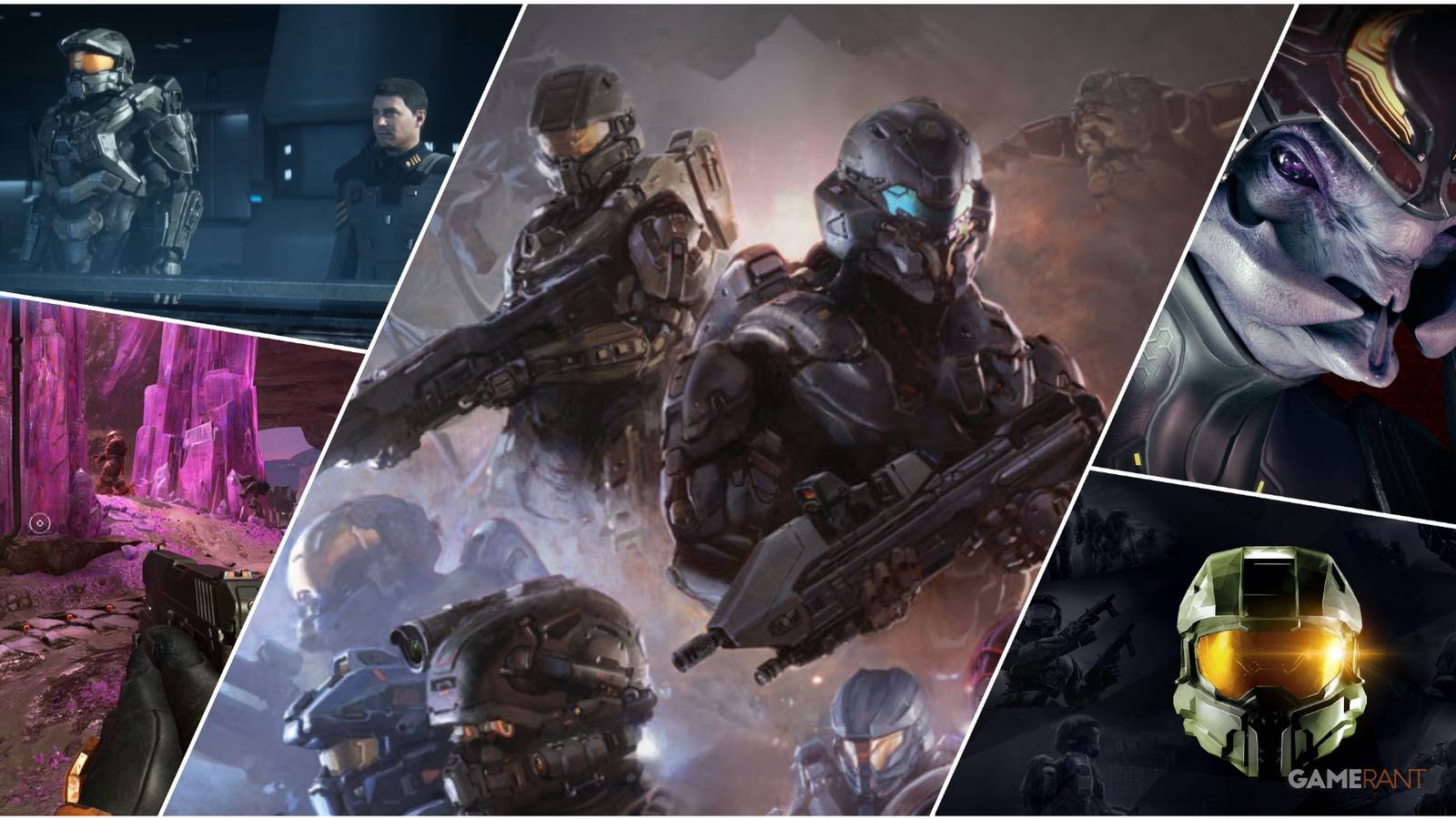 A Collage Of Key Art & Stills From Halo 4, Halo 5 Guardians, Halo Infinite, & The Master Chief Collection