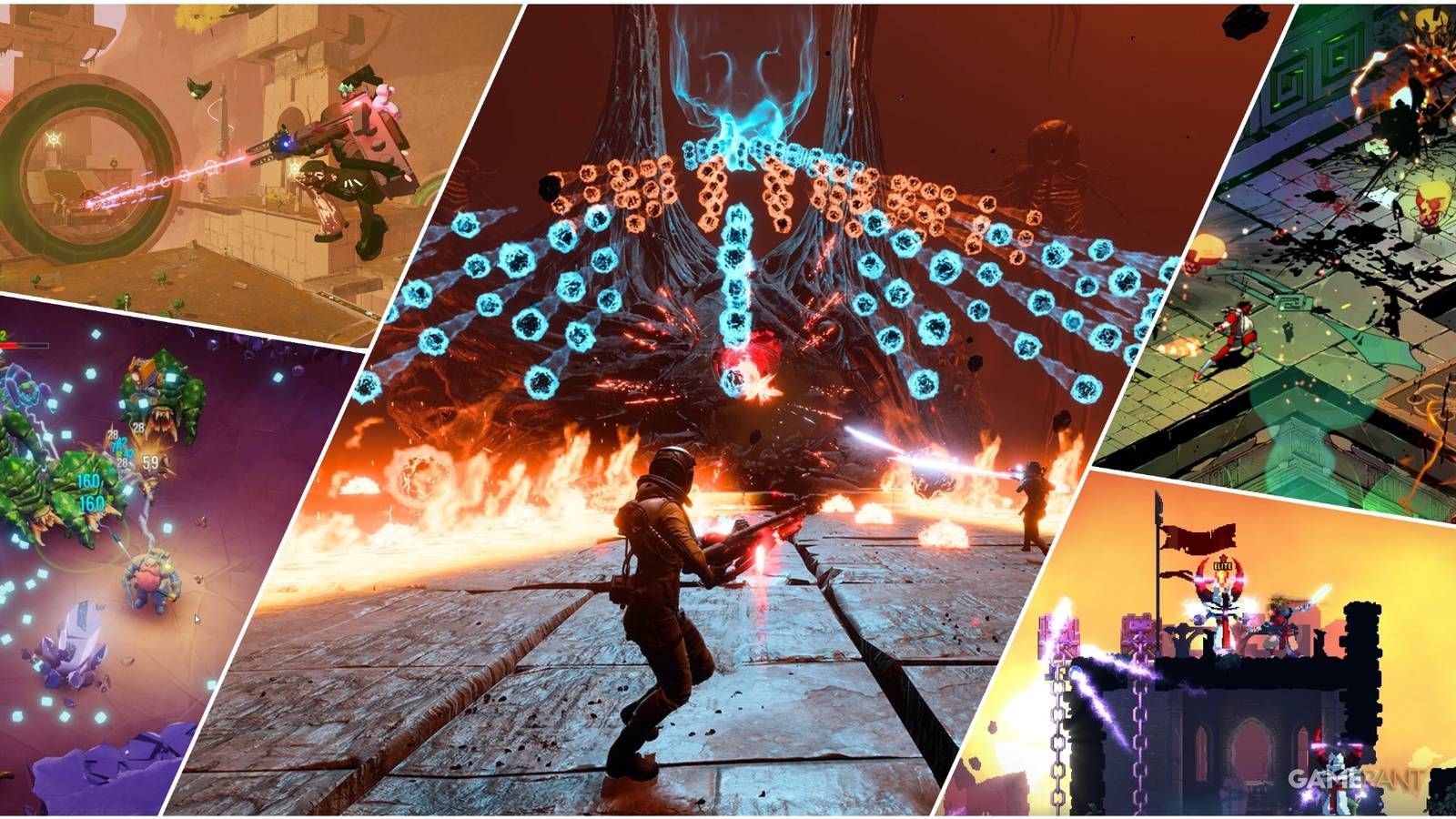 A Collage Of Stills From Risk Of Rain 2, Deep Rock Galactic Survivors, Returnal, Dead Cells, & Hades