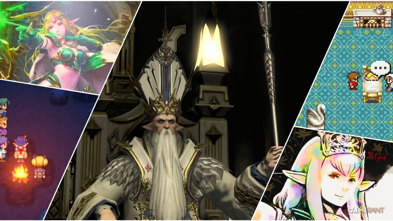 A Collage Of Stills & Key Art SHowing Various Elves From The Final Fantasy Series
