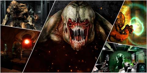 A Collage Showing Key Art & Key Frames From Doom 3
