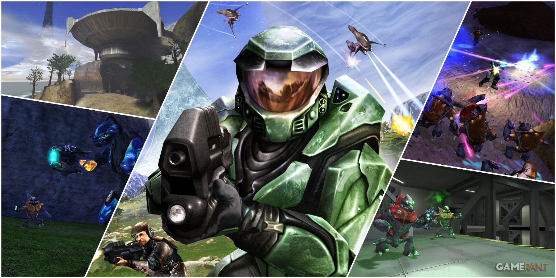 A Collage Showing Key Art & Key Frames From Halo Combat Evolved