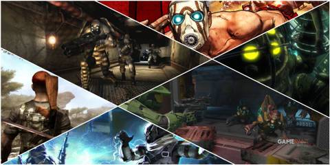 A Collage Showing Key Art & Key Frames Showing Enemies From Borderlands, F.E.A.R, Bioshock, Far Cry 2, Halo 2 Anniversary, & Titanfall 2