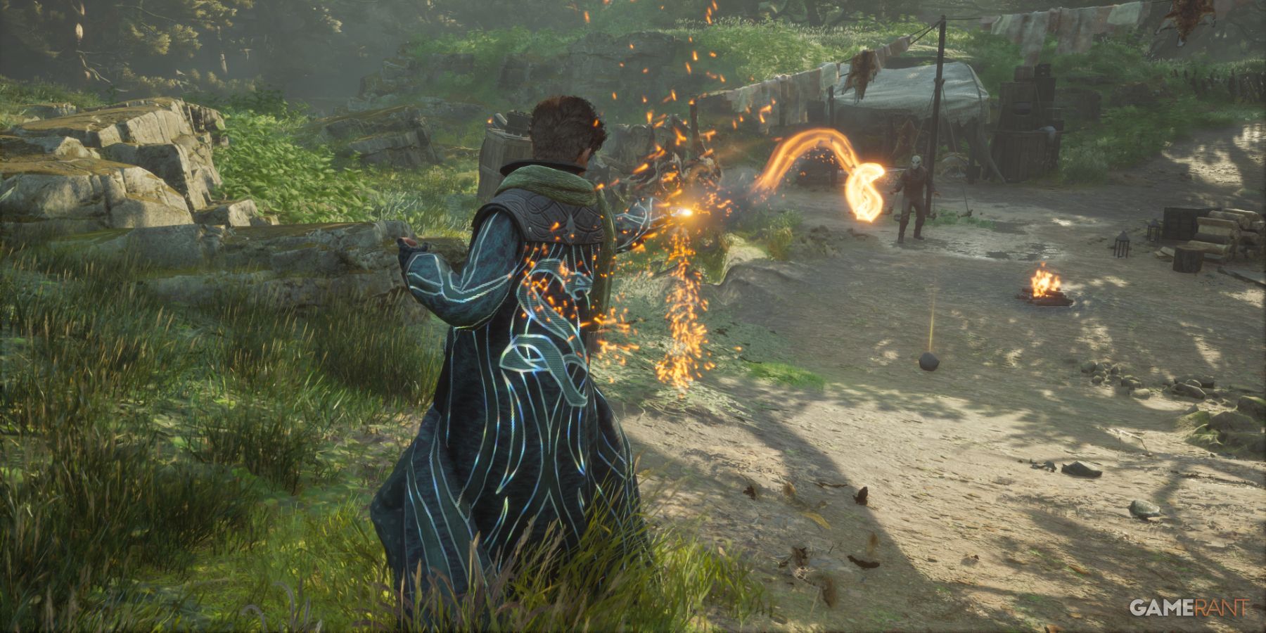 A fiery projectile from Confringo strikes the enemy, demonstrating a potent damage spell in Hogwarts Legacy