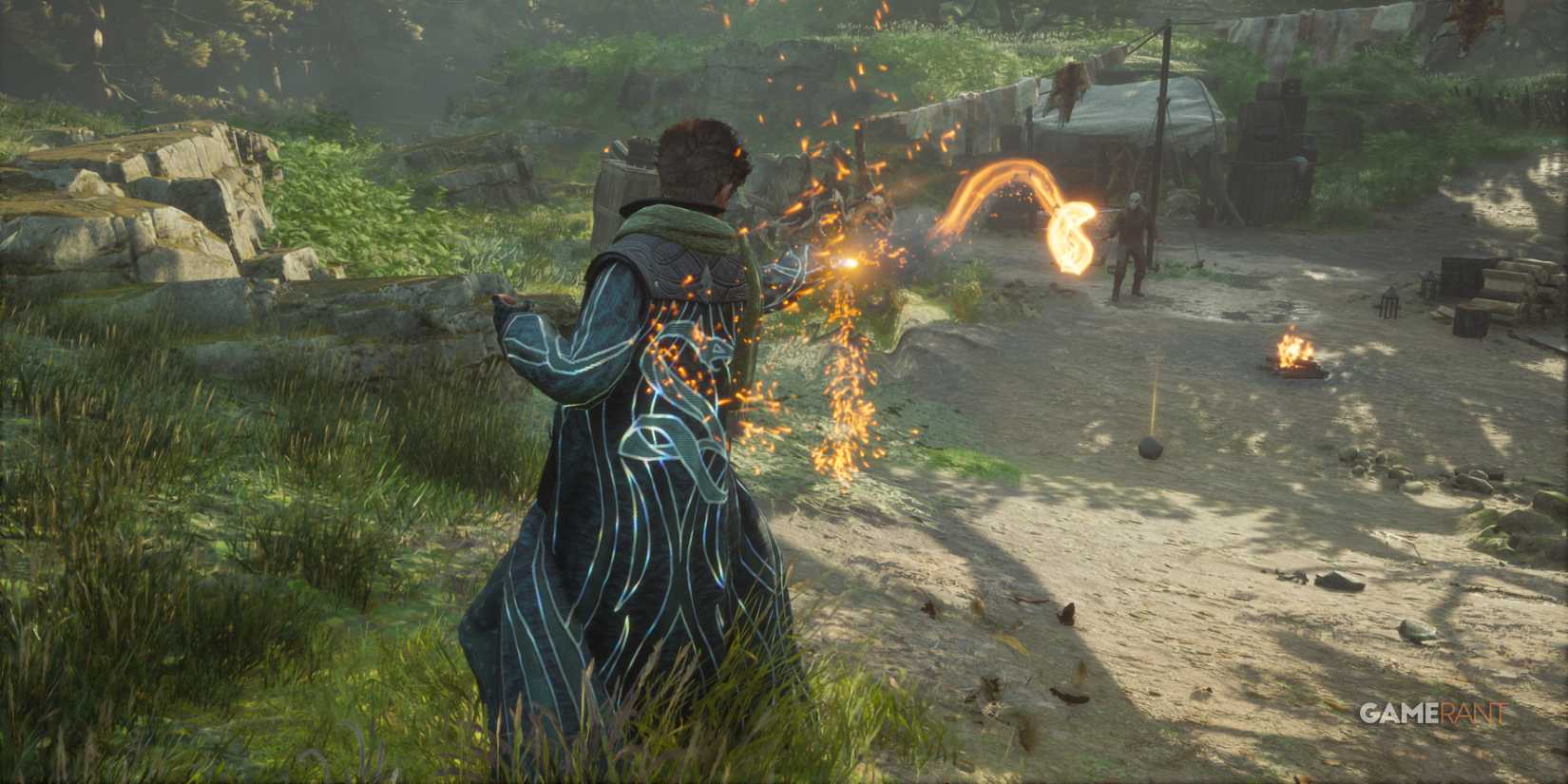 A fiery projectile from Confringo strikes the enemy, demonstrating a potent damage spell in Hogwarts Legacy