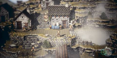 A peaceful mountain village wrapped in fog, showcasing the detailed world of Octopath Traveler