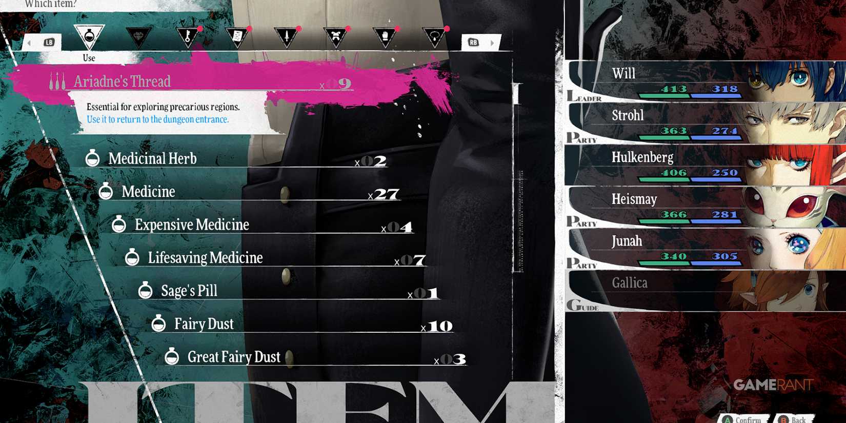 Ariadne's Thread selected, crucial for exploration in Metaphor ReFantazio, returns to entrance