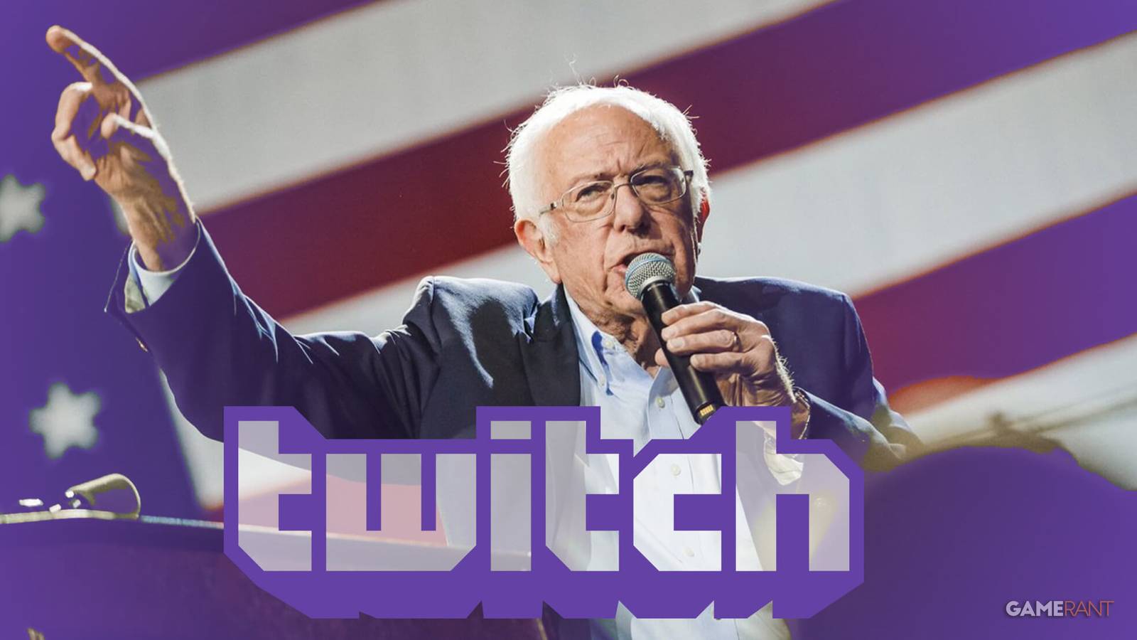 bernie sanders speaking in front of american flag with twitch logo