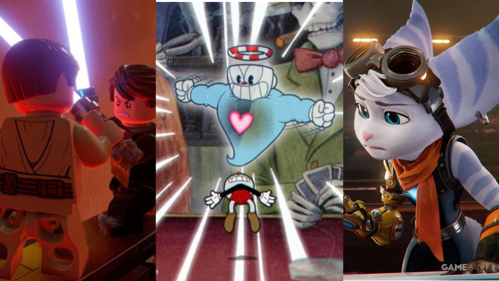 three family-friendly games demonstration with a medium lit background. 