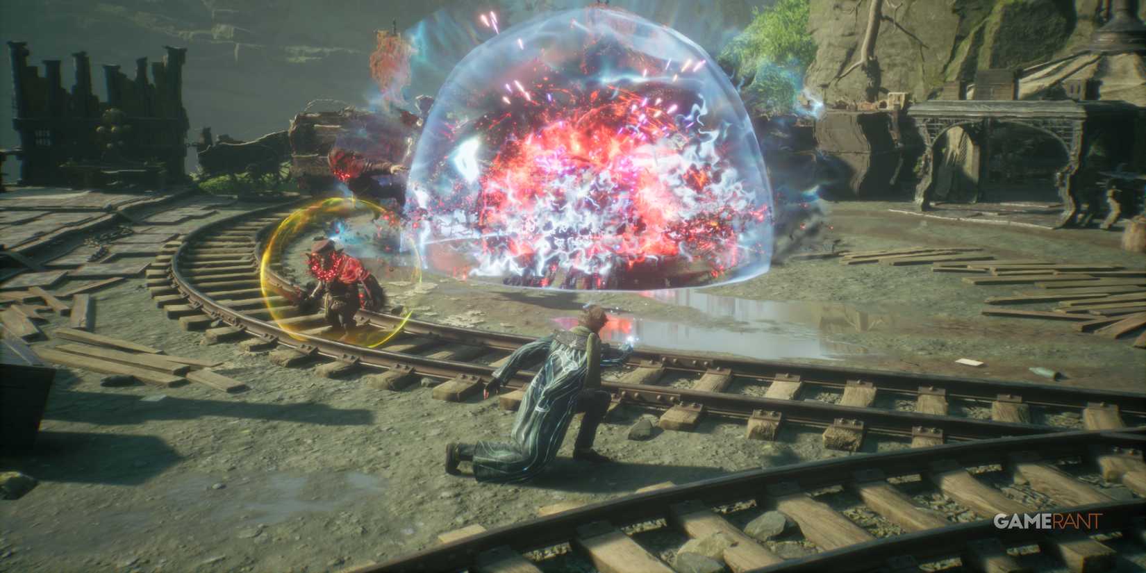 Bombarda creates a massive explosion on impact, highlighting a devastating damage spell in Hogwarts Legacy